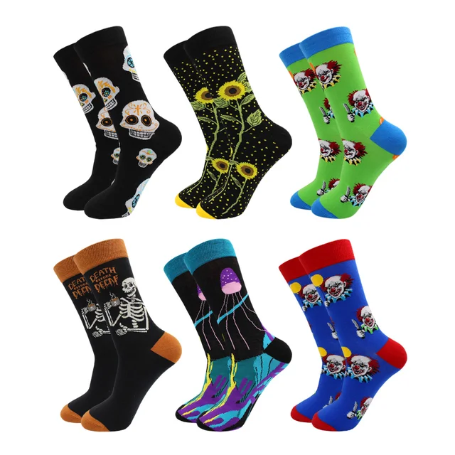 Fashion Casual Women and Mens Socks Art Van Gogh Stripe Harajuku Fruit Animal Sloth Beer Funny Socks Dress Cotton Socks Men 6 pairs -HWC18