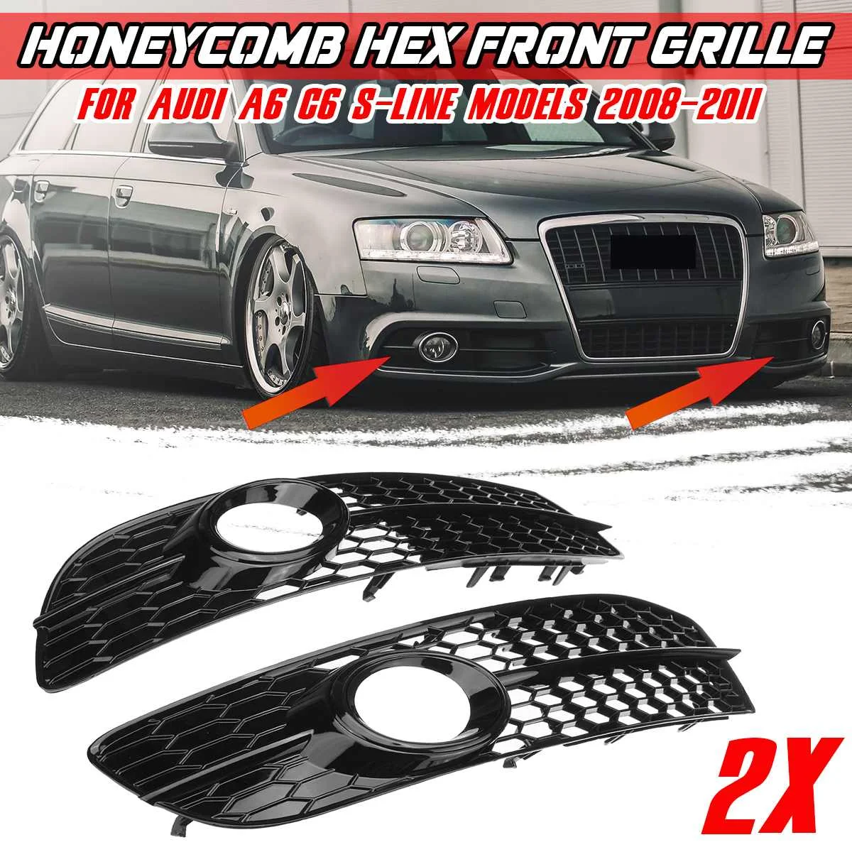 

2x Car Front Bumper Fog Light Lamp Grille Grill Cover HONEYCOMB HEX For Audi A6 C6 S-Line 2008-2011 4F0807681Q01C 4F0807681Q02C