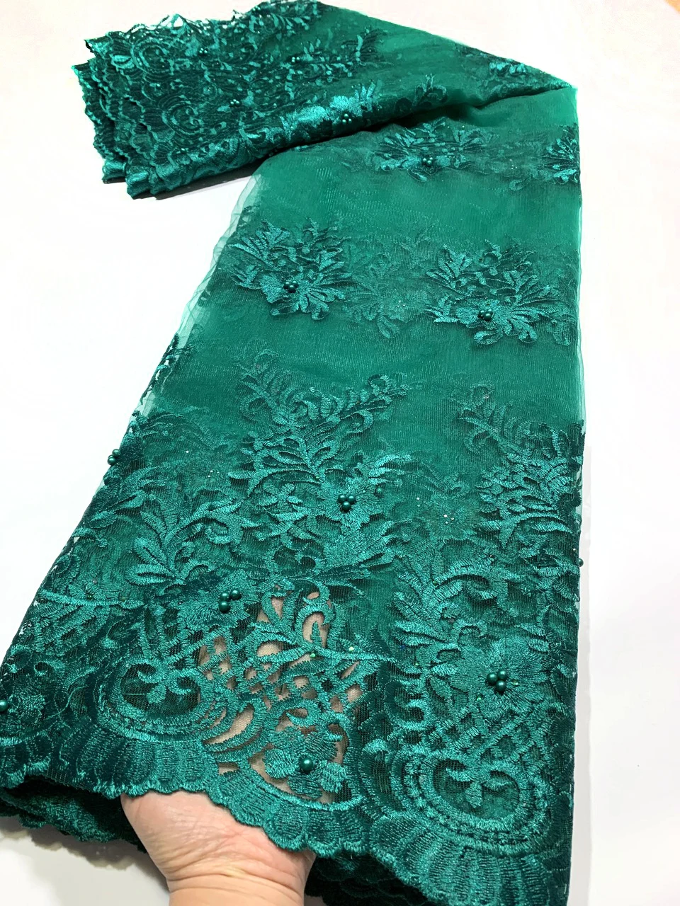 Green Lace Embroidery Beads French Nigerian Lace Fabric 5 Yards Wedding  Dress | eBay