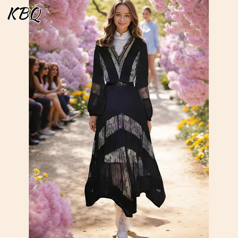 

KBQ Solid Patchwork Belt Temperament Dresses For Women V Neck Long Sleeve High Waist Spliced Lace Elegant Dress Female Fashion