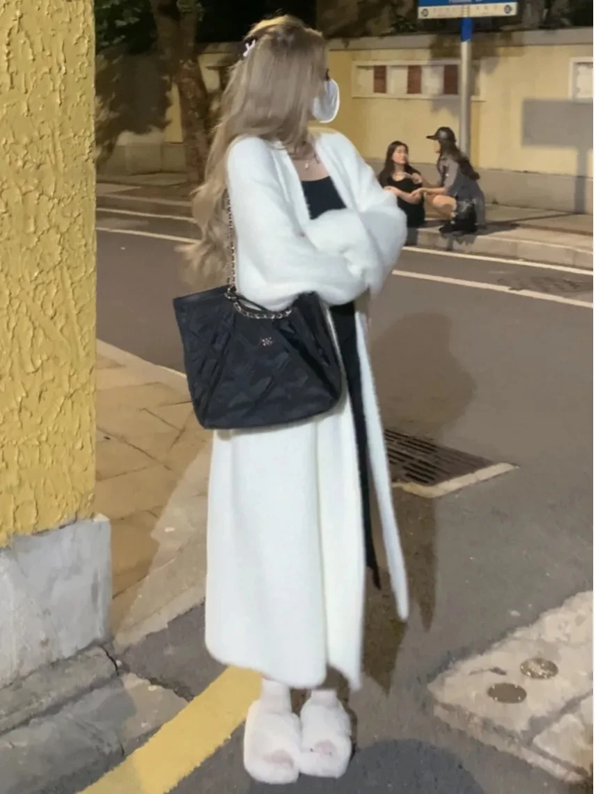 여성용 부드러운 끈끈한 니트 가디건, 긴 모조 밍크 벨벳 스웨터 코트, 라지 사이즈 루즈 플러시 재킷, 우아한 가디건