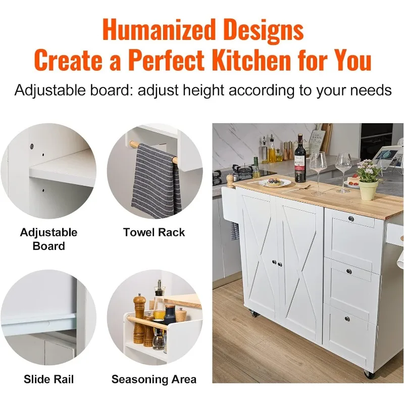 Description Picture 5 of itemKitchen Island Cart with Solid Wood Top, 45.3" Width Mobile Carts with Storage Cabinet, Rolling Kitchen Table with Spice Rack