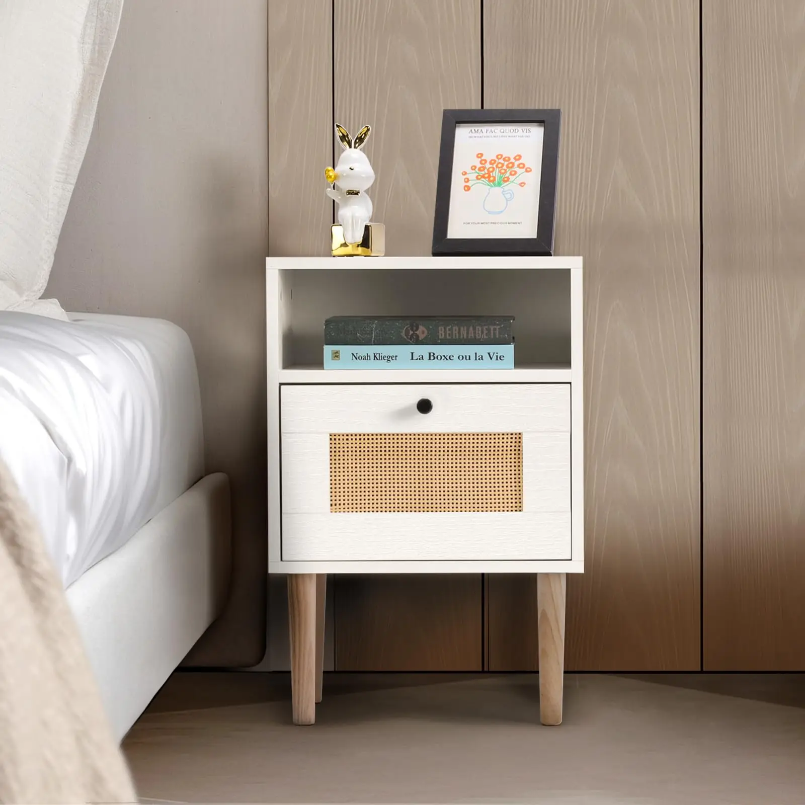 Modern Bedside Table with Rattan Drawer, Bed Side Table with Storage Shelf & Solid Wood Feet, End