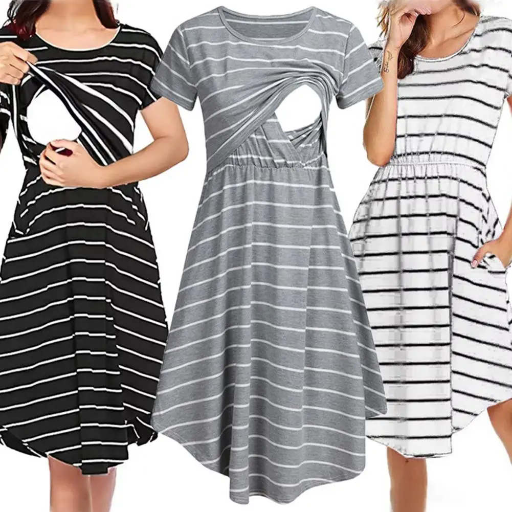 

Women Dress Striped Round Neck Breastfeeding Dress for Pregnant Women with Openable Front Irregular Hem Summer Nightdress Midi