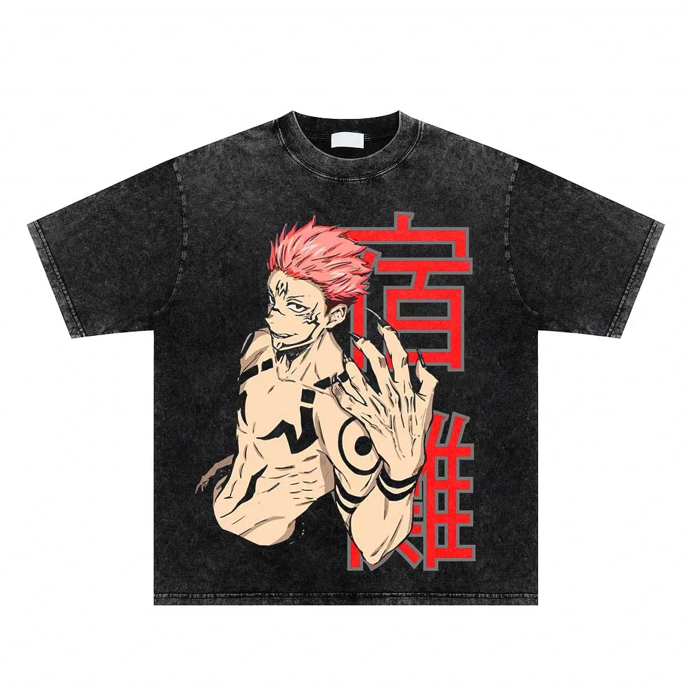 

Summer Short Sleeve Tops Harajuku Black Washed T-Shirt Cotton Casual T Shirt Hip Hop Streetwear Japan Anime Men Graphic T Shirt