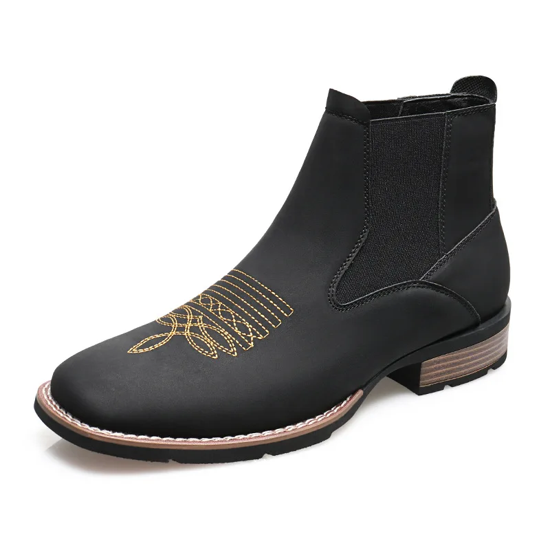 Retro Chelsea Boots Men Shoes PU Brown Embroidery Business Casual British Style Street Urban Wear Classic Black Ankle Boots