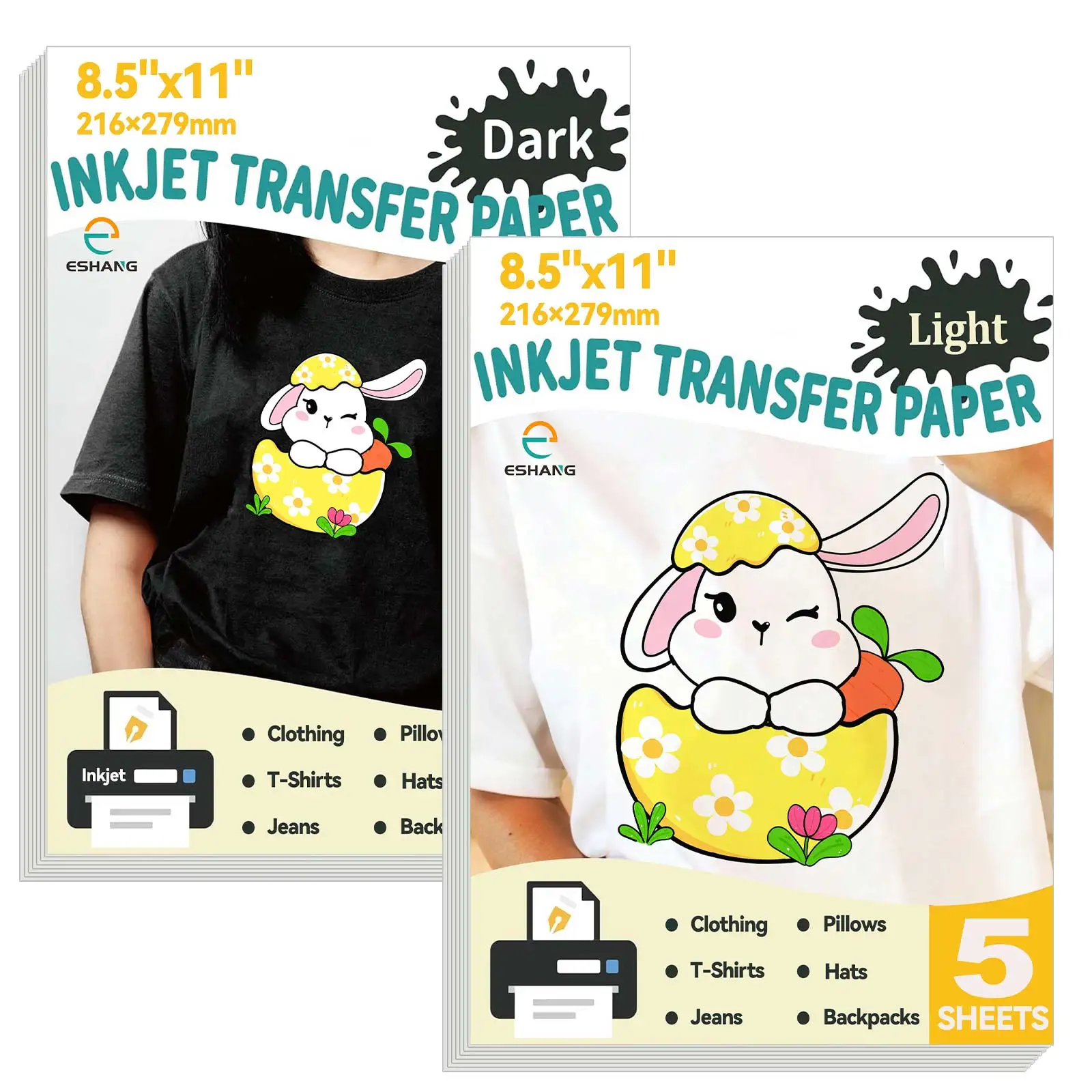 5개입 ESHANG 라이트/다크 아이언온 잉크젯 전사지, 8.5x11인치 DIY 의류, 티셔츠, 청바지, 배낭, 모자 및 베개에 이상적
