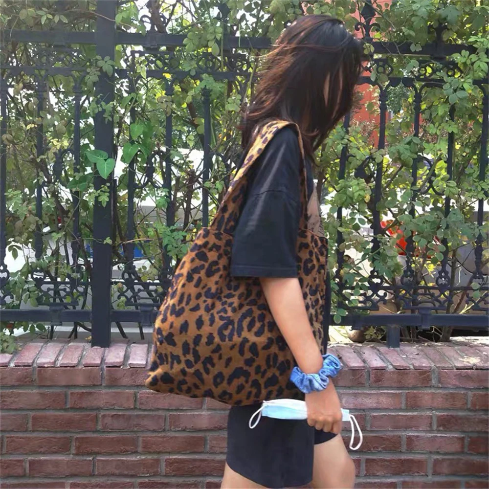 

Corduroy Leopard Shoulder Bag Casual Shopping Bag Large Capacity Handbags Eco Tote Bag Women Ladies Leopard Print Underarm Bags