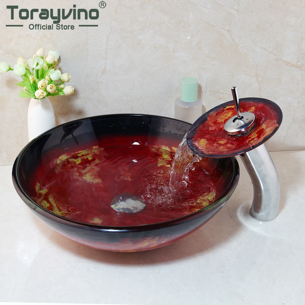 Torayvino Tempered Glass Sink Painting Round Bowl Basin Sink With
