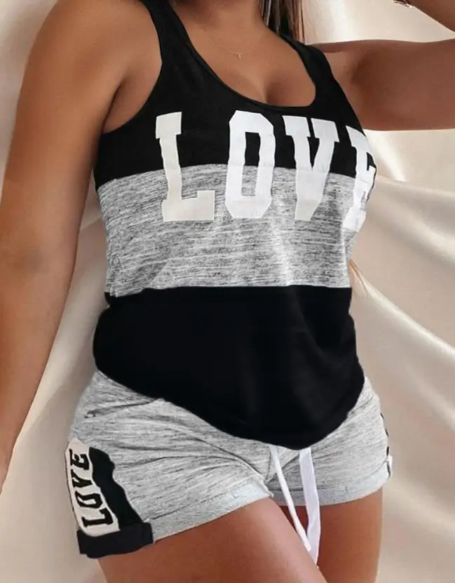 

Casual Sleeveless Plus Size Letter Print Colorblock Drawstring Pajamas Set