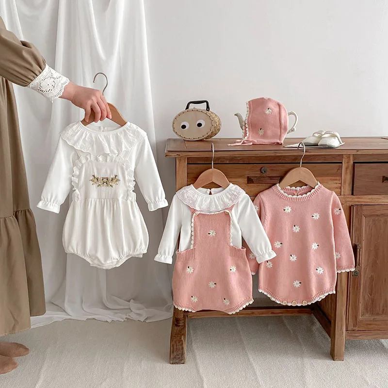 Cute Embroidered Flowers Baby Girls Overalls Bodysuit