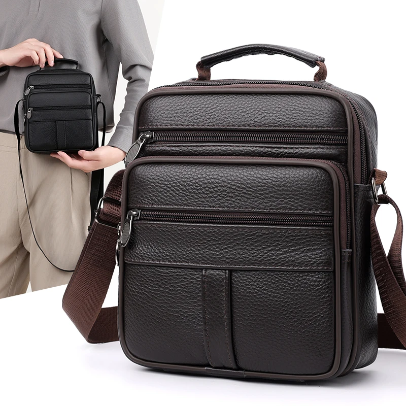 Men's fashionable black synthetic leather crossbody bag | Adjustable shoulder strap, business and leisure | Office supplies | Fa