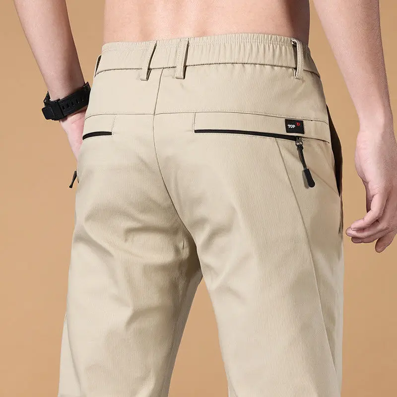 Summer Men Thin Business Casual Slim Straight Pants Streetwear Fashion Elastic Waist Breathable Big Size Zipper Pockets Trousers