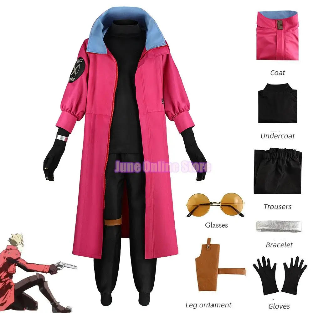 

Anime Trigun Vash The Stampede Cosplay Clothes Red Coat Pants Glasses Fantasia Trench Halloween Party Clothes Attire Full Set