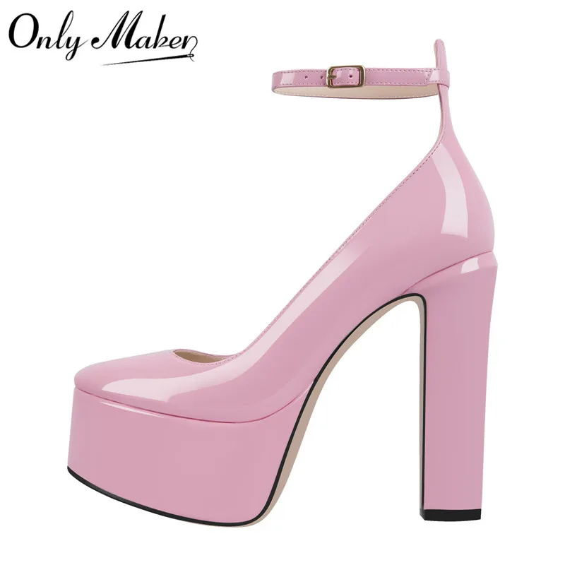 Onlymaker Women Pumps Mary-Jane Platform Pink Chunky High Heels