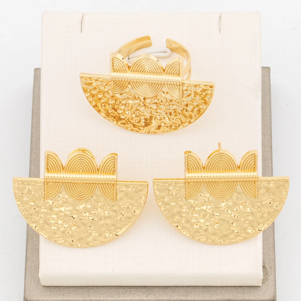 4Sets Jewelry Sets Fashion 18k Dubai Gold Color Copper Earrings For Women Adjustable Ring Trendy Party Gift Jewelry Accessories