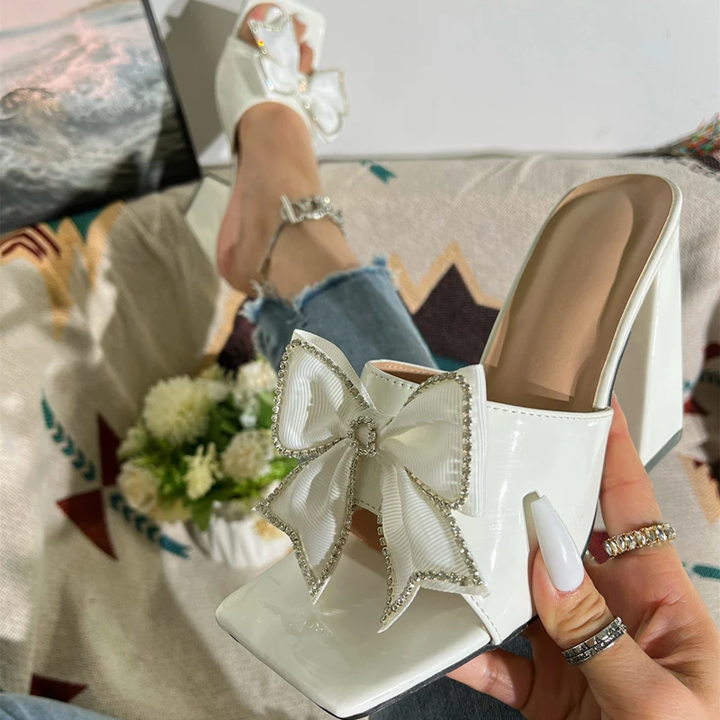 Kcenid Fashion Mesh Butterfly-knot Women Slippers Square Toe Street Style High Heels Sandals Women Summer Gladiator Ladies Shoes