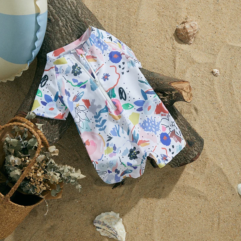 Kids Swimsuits MISOWMNJOY Summer Girls Boys Swimwears Fashion New Baby Swimsuit Beachwear Watercolour Print Zipper Short Sleeve Bathing Suit