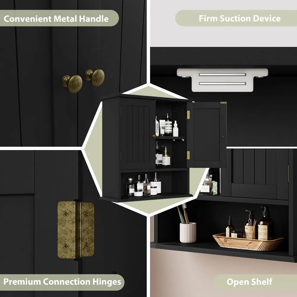 Black small bathroom cabinet wall mounted with 2 adjustable shelves, located above the toilet