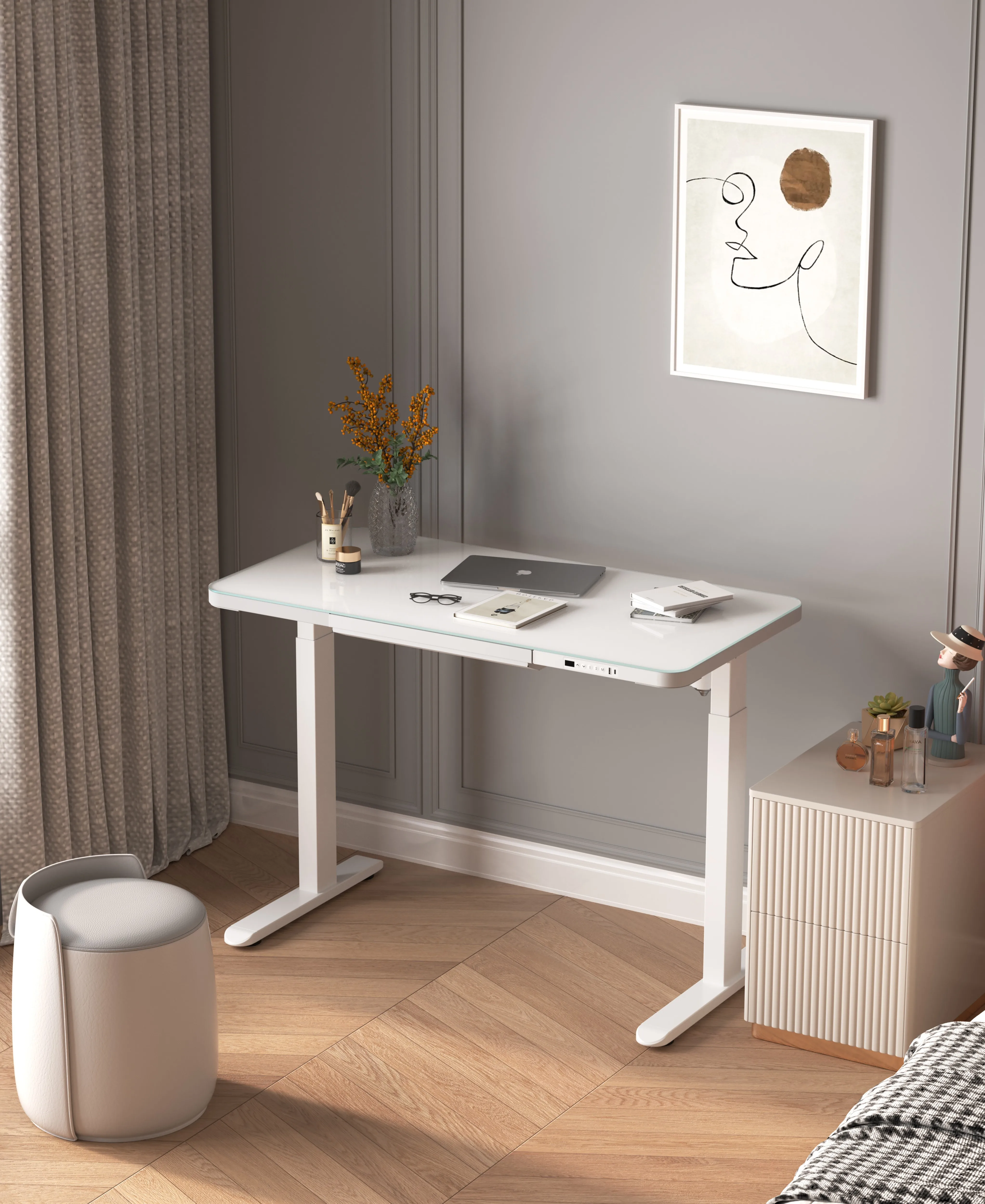 Scrivania Ergonomica Bianca Regolabile in Altezza con Motore Elettrico Singolo, Tavolo da Ufficio Smart Sit-Stand in Vetro
