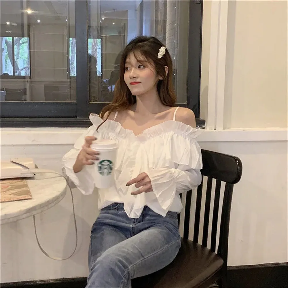 Y2K Ruffles Sexy Off Shoulder Blouses Women Party Design Stylish Ulzzang Long Sleeve Harajuku Solid All-match Soft Ins Crop Tops 5