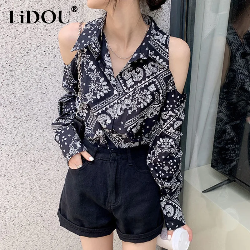 Summer Autumn Streetwear Vintage Print Off Shoulder Loose Casual Blouse Women Harajuku Long Sleeve Blusa Hipster All-match Shirt