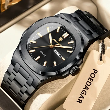 POEDAGAR Original montres carrées pour hommes semaine Date en acier inoxydable homme montre lumineuse étanche luxe hommes montre-bracelet à Quartz 1