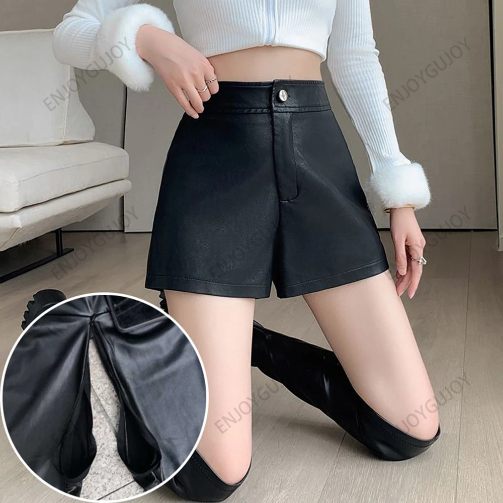 

Invisible Open Crotch Outdoor Sex PU Leather Shorts Oversized Black Wide Leg Pants Ms High Waisted Casual Bottom Boots Pants