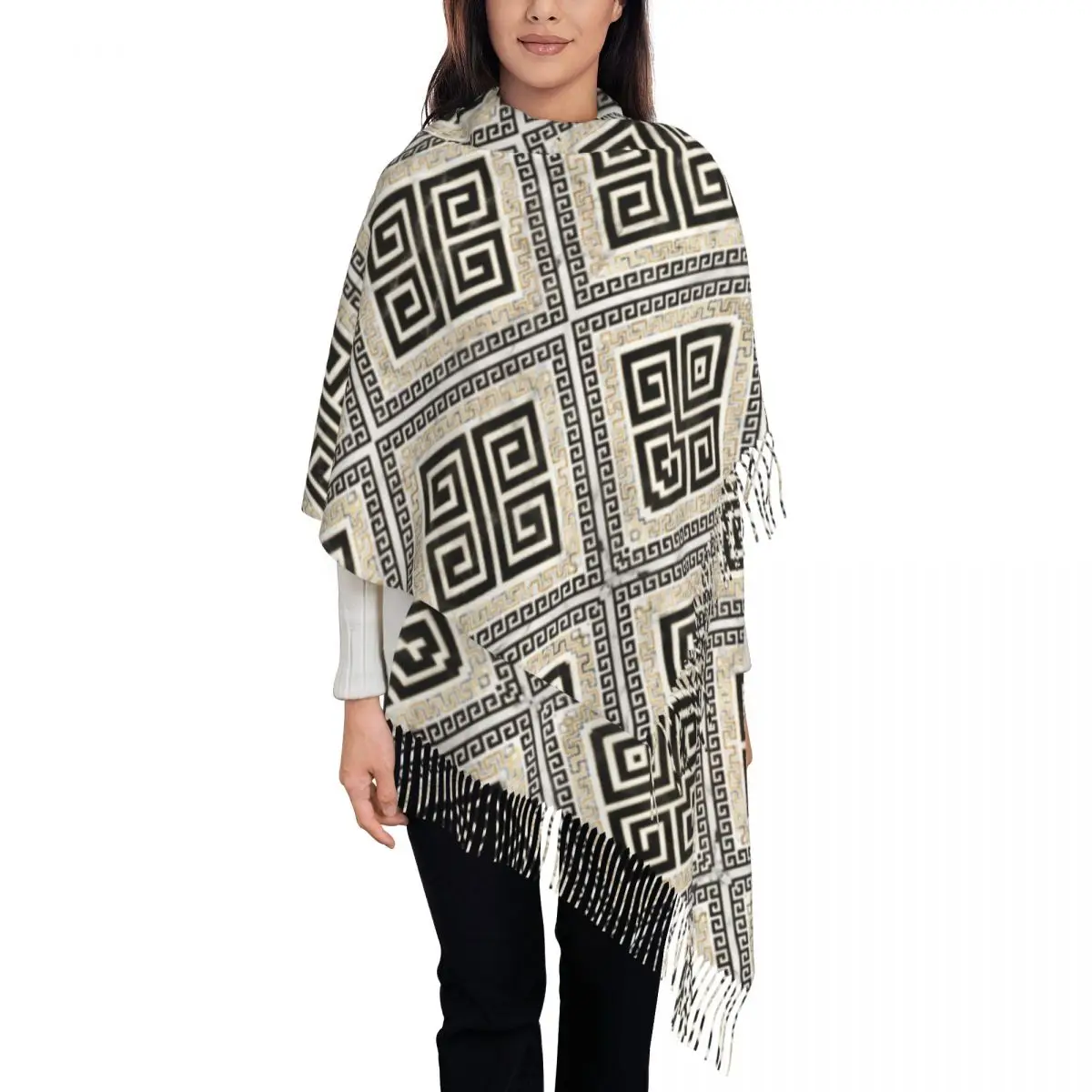 

Customized Printed Greek Key Scarf Women Men Winter Fall Warm Scarves Meander Black And White Marble Shawls Wraps