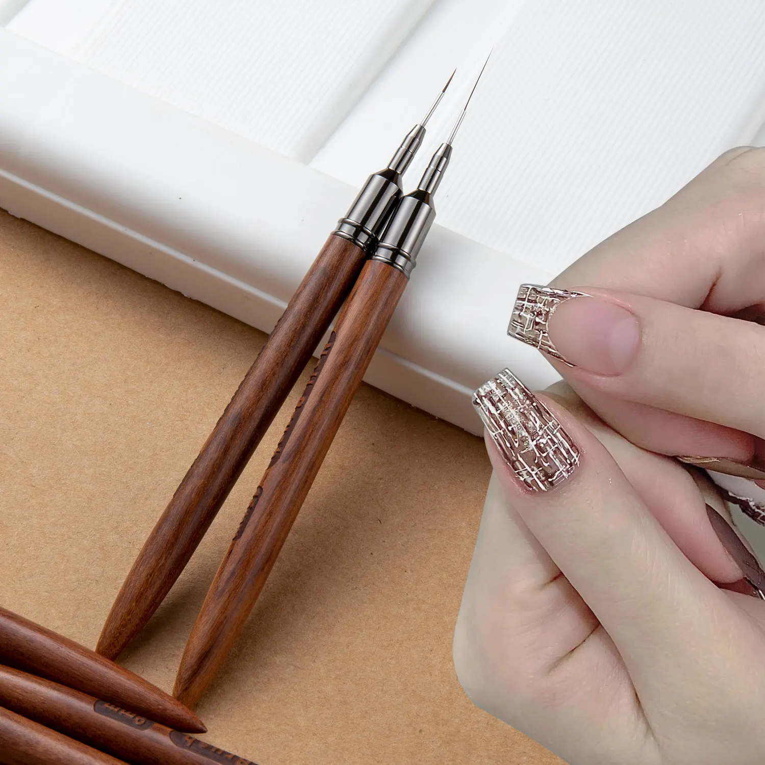 1PC Round Wood Handle Nail Art Liner Brush DIY Painting Pen Sandalwood Syringe Brushes Drawing Fine Lines Stripe Pen UV Gel Nail 4