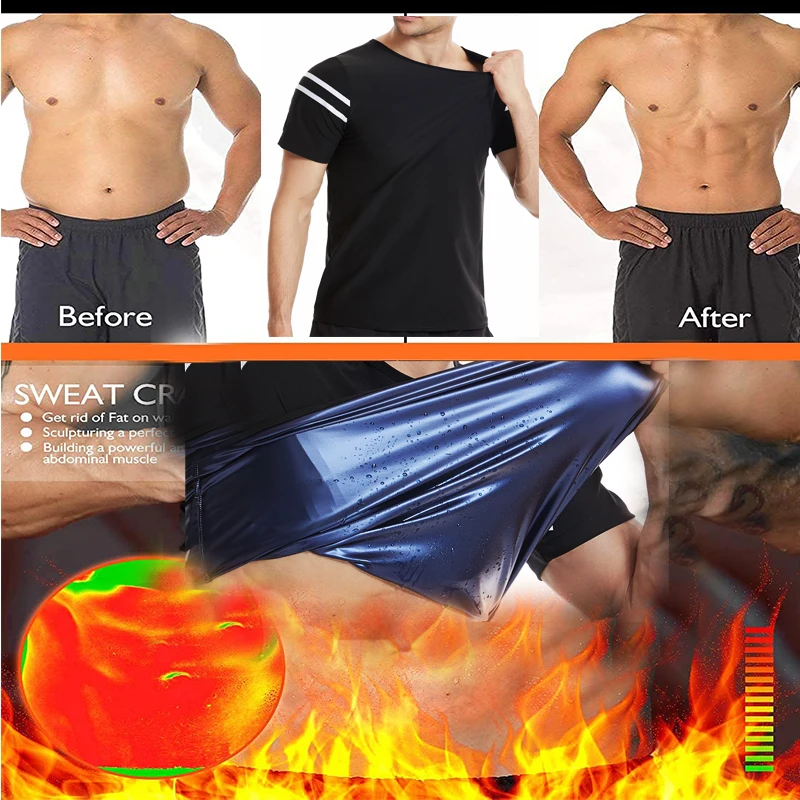 Sweat Sauna Suit Men Waist Trainer Body Shaper Short Sleeve White Stripe Body Building Corsets Gym Shirts Weight Loss