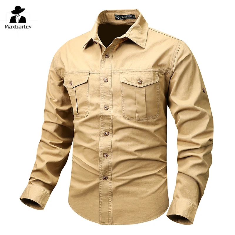 100% Cotton Shirt Men's Autumn Casual Anti-wrinkle Multi-pocket Long-sleeved Shirt Men's Solid Color All-match Commuter Shirt