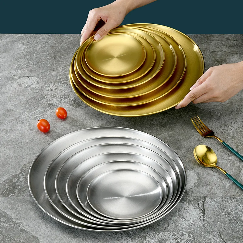 14/17/20/23/26/30cm Stainless Steel Round Plate Korean Golden Single-layer Plate Western Food Dessert Cake Fruit Flat Bottom
