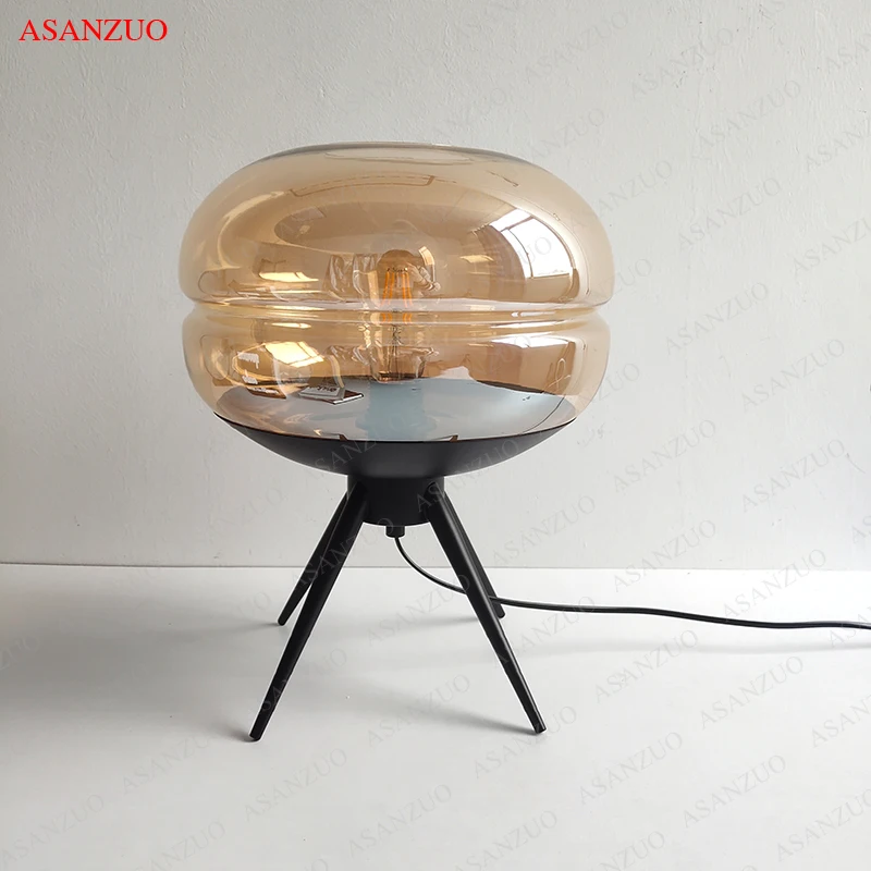 현대 거실 파란색 유리 테이블 램프 크리 에이 티브 아트 하드웨어 선반 E27 책상 램프 침실 장식 램프