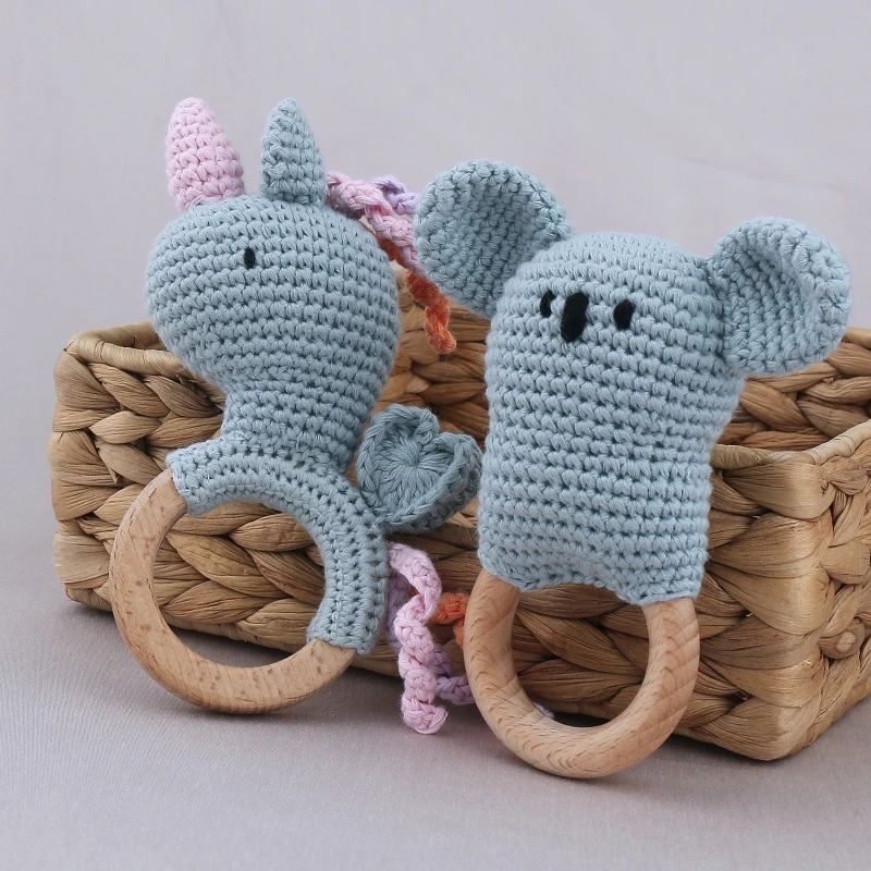 

97BE Baby Teether Handmade Crochet Animal Rattles Beech Wooden Bracelet Teething Ring