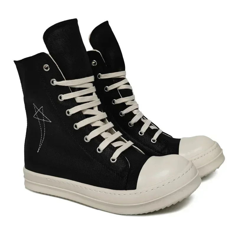 Ro Designer Black Flat-bottomed High-top Embroidered Canvas Shoes, Booties, Zippers and White Cloth Shoes, Couple's Men's Shoes 5
