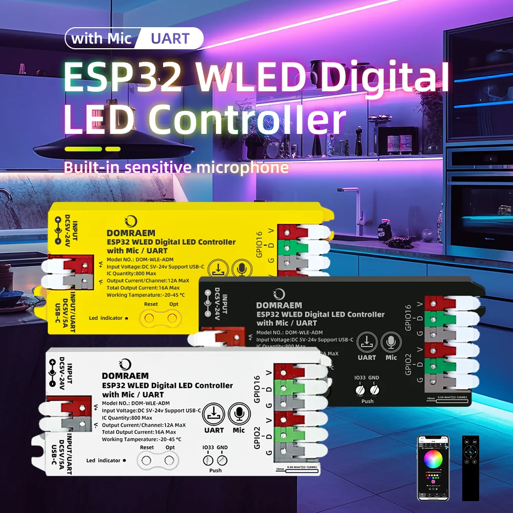 DOMRAEM ESP32 WLED USB-C Adressierbarer LED-Controller mit Musik-Mikrofon/UART-Unterstützung für WS2814/12B RGB IC-Streifen etc. 16A Sicherung HA Alexa – Detail 1