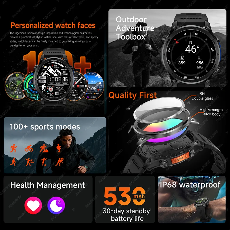 2026 new men's sports smartwatch with GPS trackingcompass100+sportsmodeswireless callintelligentreminderoutdoorfitnesssmartwatch 4