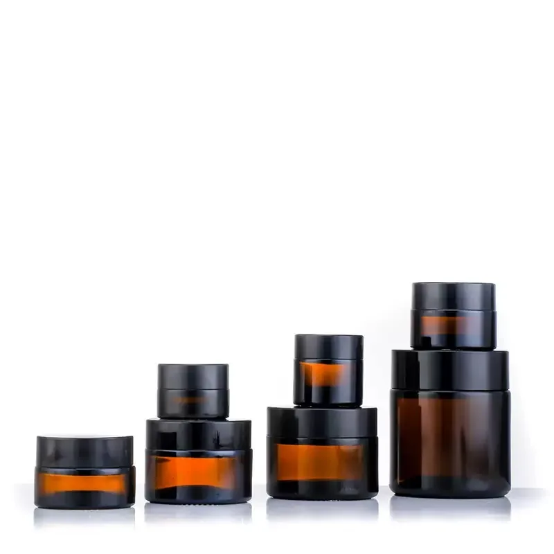 20X 5/10/15/20/30/50/100G Empty Amber glass cream jar Bottle Box cosmetic container Cosmetic black lid glass bottle Storage Jars 3