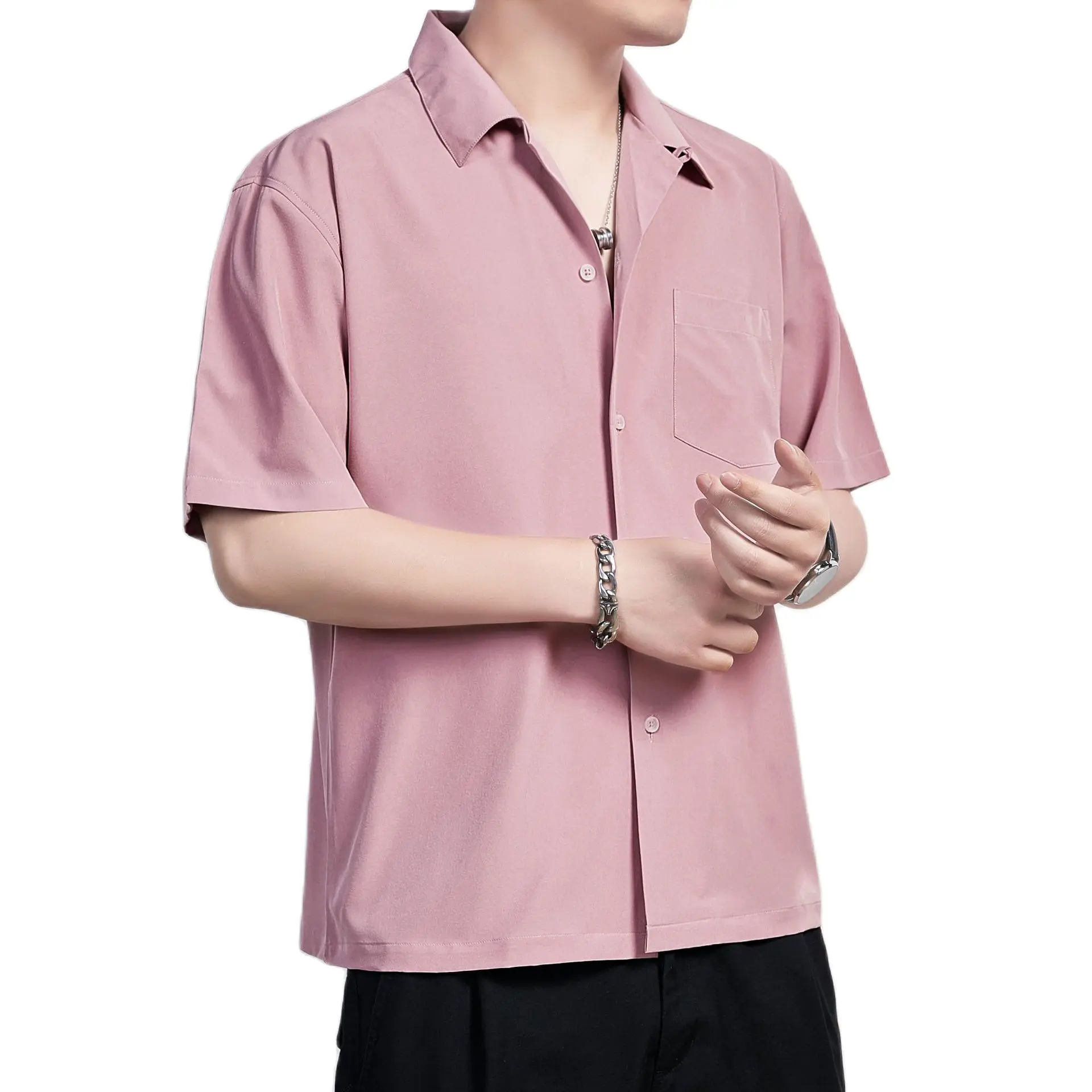 Short Sleeve Cuban Collar Casual Shirt Summer Solid Color Harujuku Shirts for Men Korean Clothes Camisas Para Hombre White Black men casual shirt