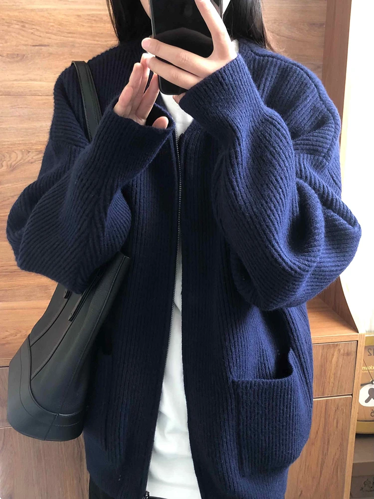Navy Open Knit Cardigan With Claudine Collar Fitted For Autumn Women Chic Cozy Essential main image 1
