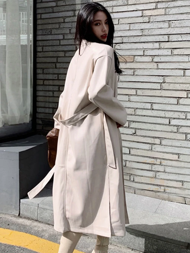 Lautaro-女性用ベルト付きロングブラックレザーPuコート,シンプルなボタンダウン,韓国のファッション,卸売り,服2022