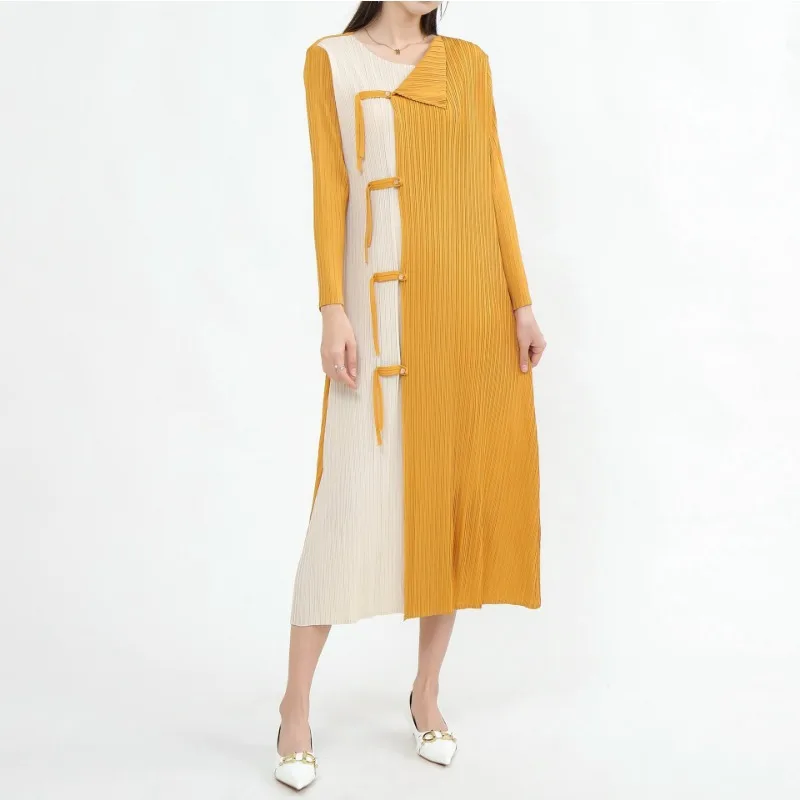 

ALSEY Miyake Pleated Fashion Dress 2024 Autumn New Slant Collar Fabric Button Long Sleeve Elegant Party Dresses for Women 2024
