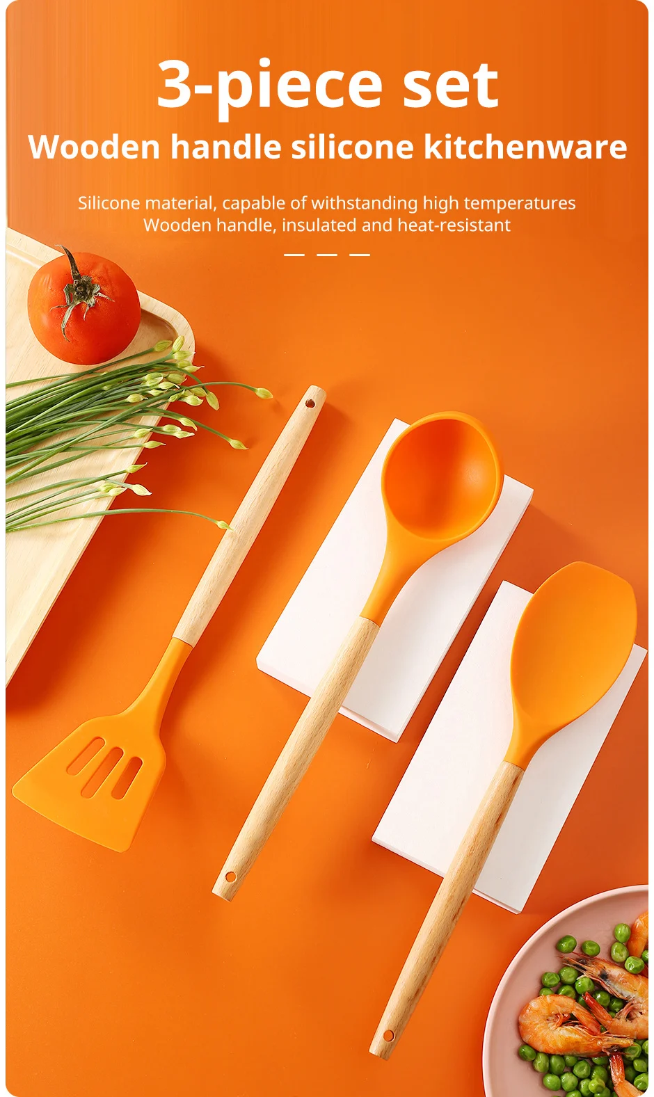 Description Picture 2 of item3-Piece Set of Wooden Handle Silicone Kitchen Utensils Cooking Utensils Set Non Stick Shovel Cooking Utensils Baking Tools