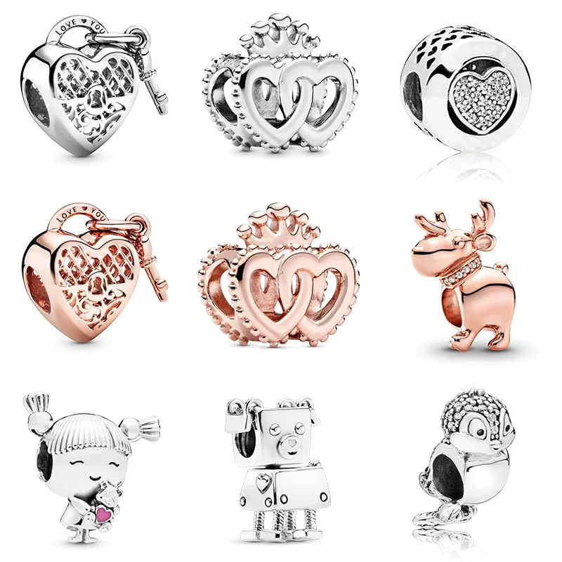 

925 Sterling Silver Love You Heart Padlock Girl Crystal Beads For Original Pandora Charms Women Bracelets & Bangles Jewelry