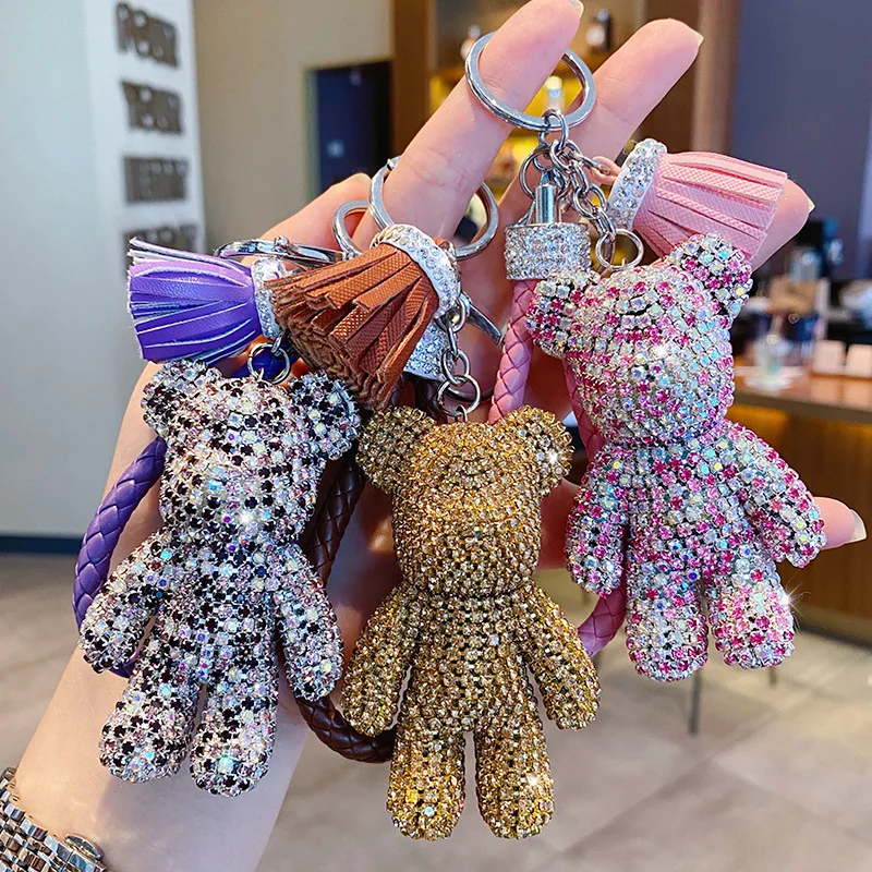 Rhinestone Bulldog Bear Keychain Car Pendant Tassel Keyring Bag Jewelry Accessories Ladies Gift Car Keychain Full of Diamonds 2