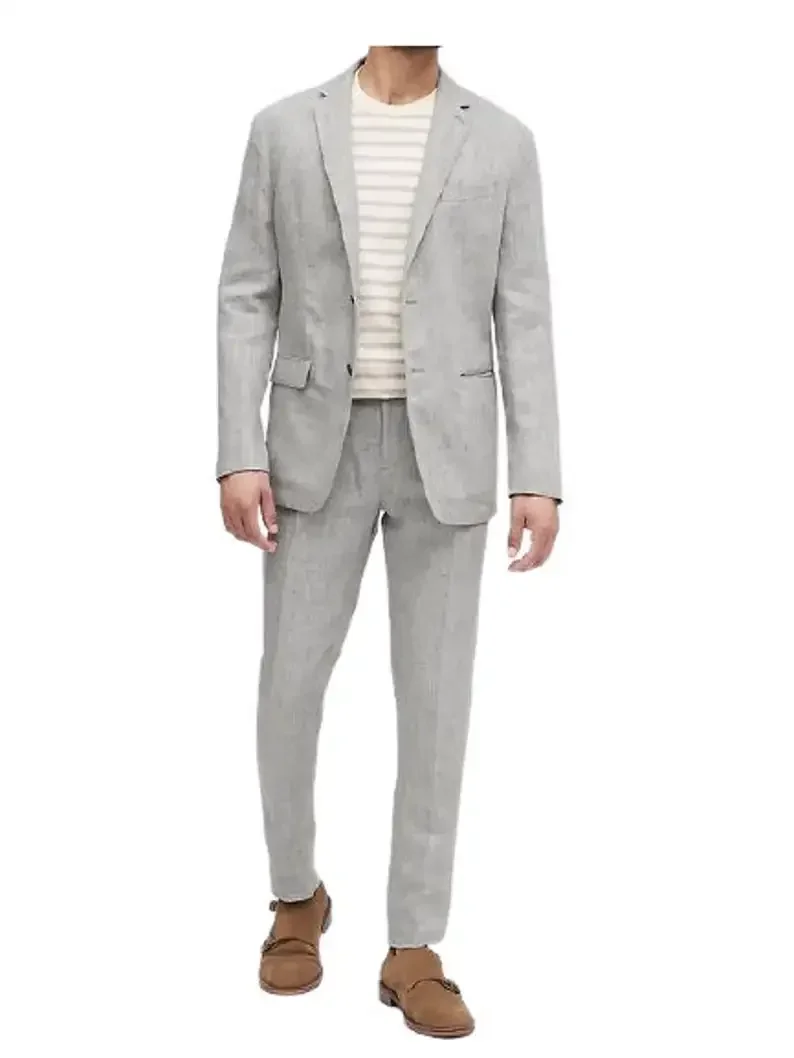 Summer Linen Light Gray 2 Piece Men Suits Tuxedo For Beach Wedding Party Jacket For Men High Quality Skinny Casual Costume Homme