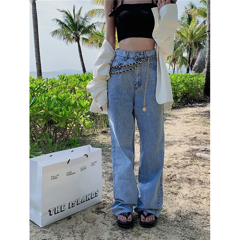 

New Arrival Korean Style Spring Summer Women Cotton Denim Calf-length Pants All-matched Button Fly Waist Straight Jeans V329