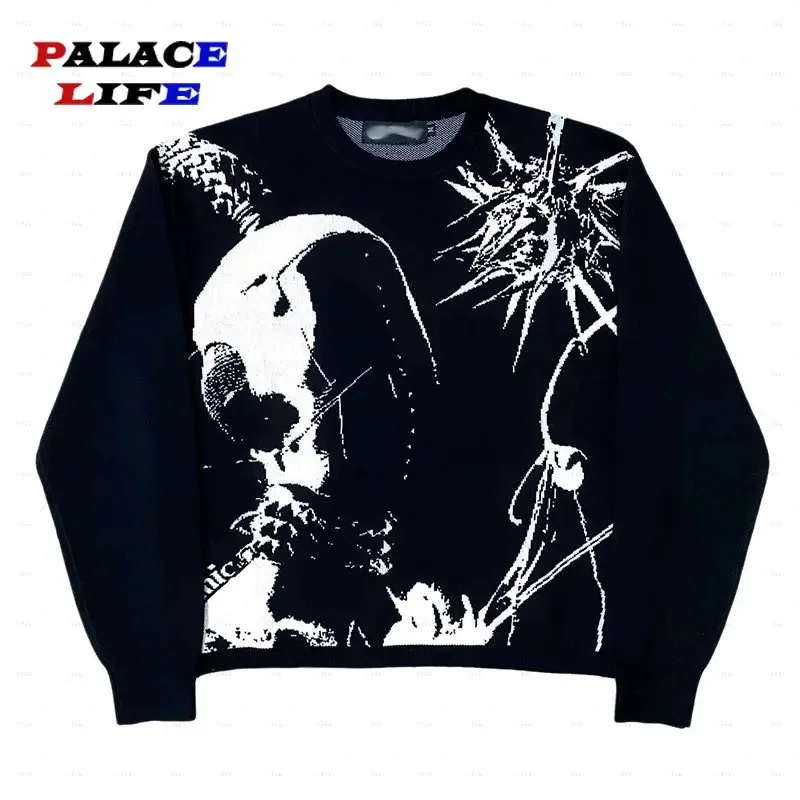 

New Hip Hop Streetwear Knitted men Gothic portrait Print Pullover autumn Harajuku Cotton sweater women Oversized Sweater