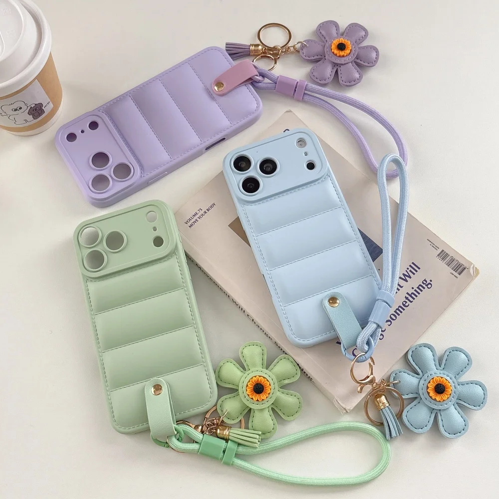 Sunflower Wrist Lanyard Luxury Down Jacket PU Leather Phone Case